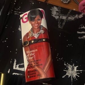 Magazine Cover Cylinder Clutch with Black Belt Detail